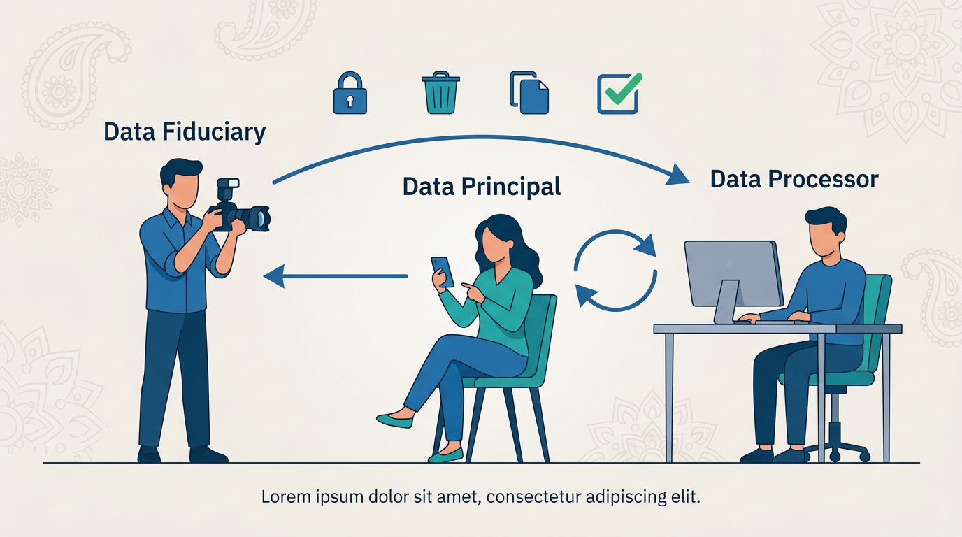 Infographic showing photographer as data fiduciary, guests as data principals, and data processor relationships under the DPDP Act