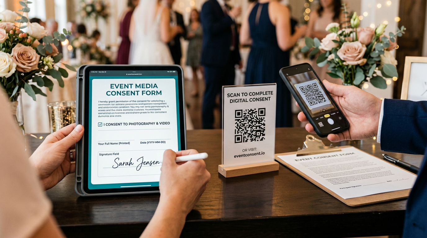 Tablet consent form with QR code and smartphone at an event check-in, showing digital and written guest photo consent options