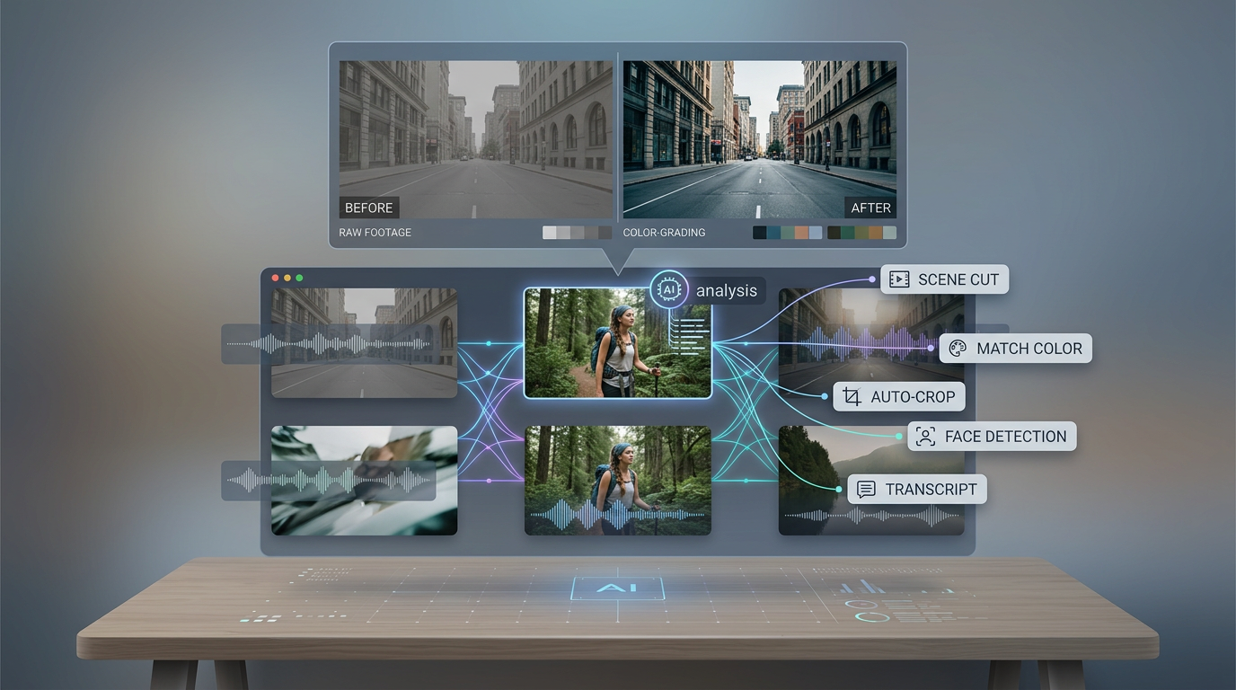 Conceptual UI showing AI analyzing video clips with scene detection, color correction, and automated tagging.