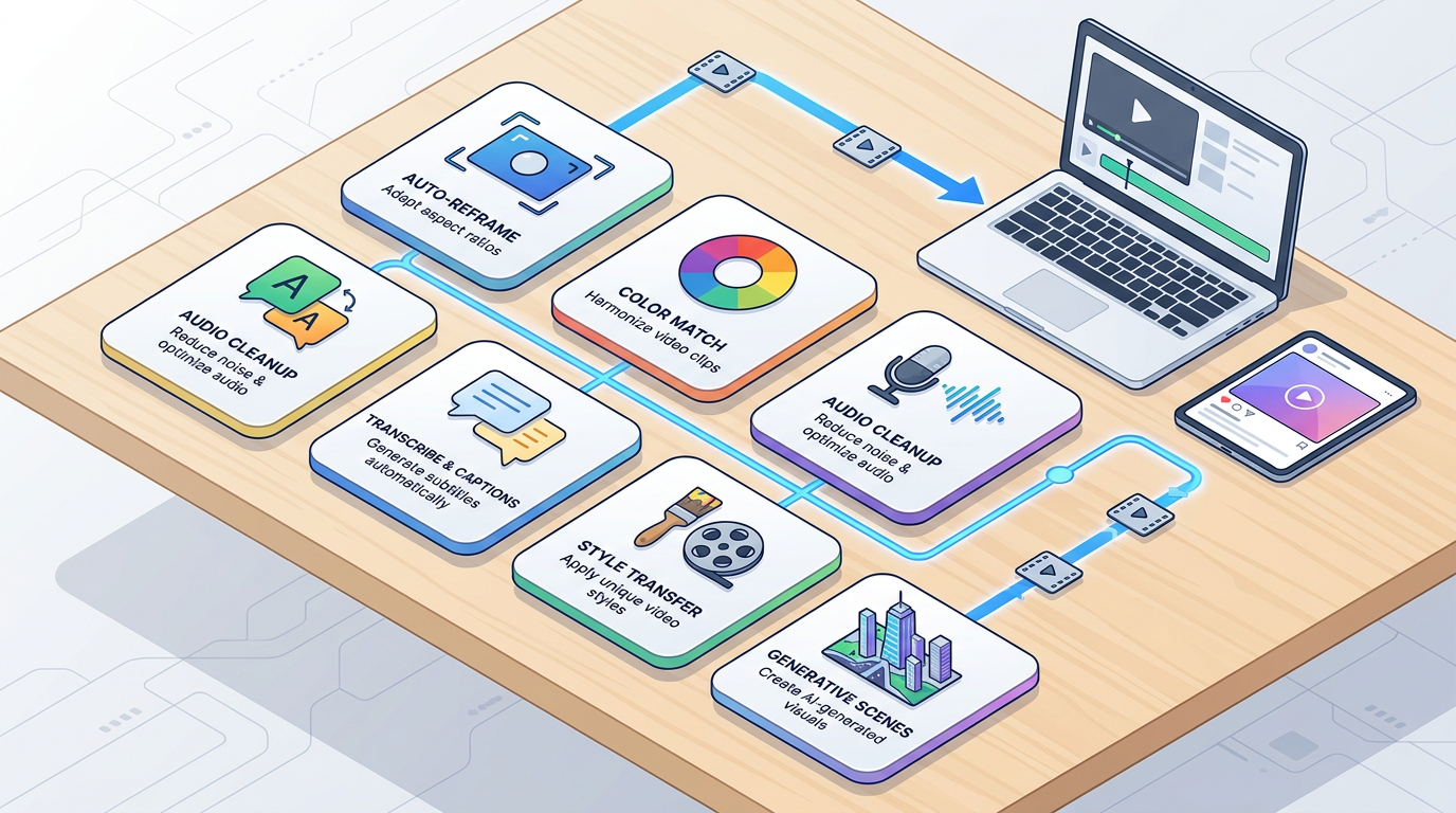 Isometric dashboard of AI video tool interfaces illustrating auto-reframe, color grading, transcription, and generative video effects.