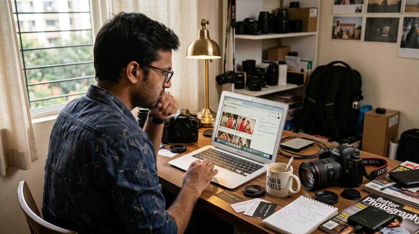 Wedding photographer late at night looking stressed over photo delivery with camera gear nearby — building a photography brand in India