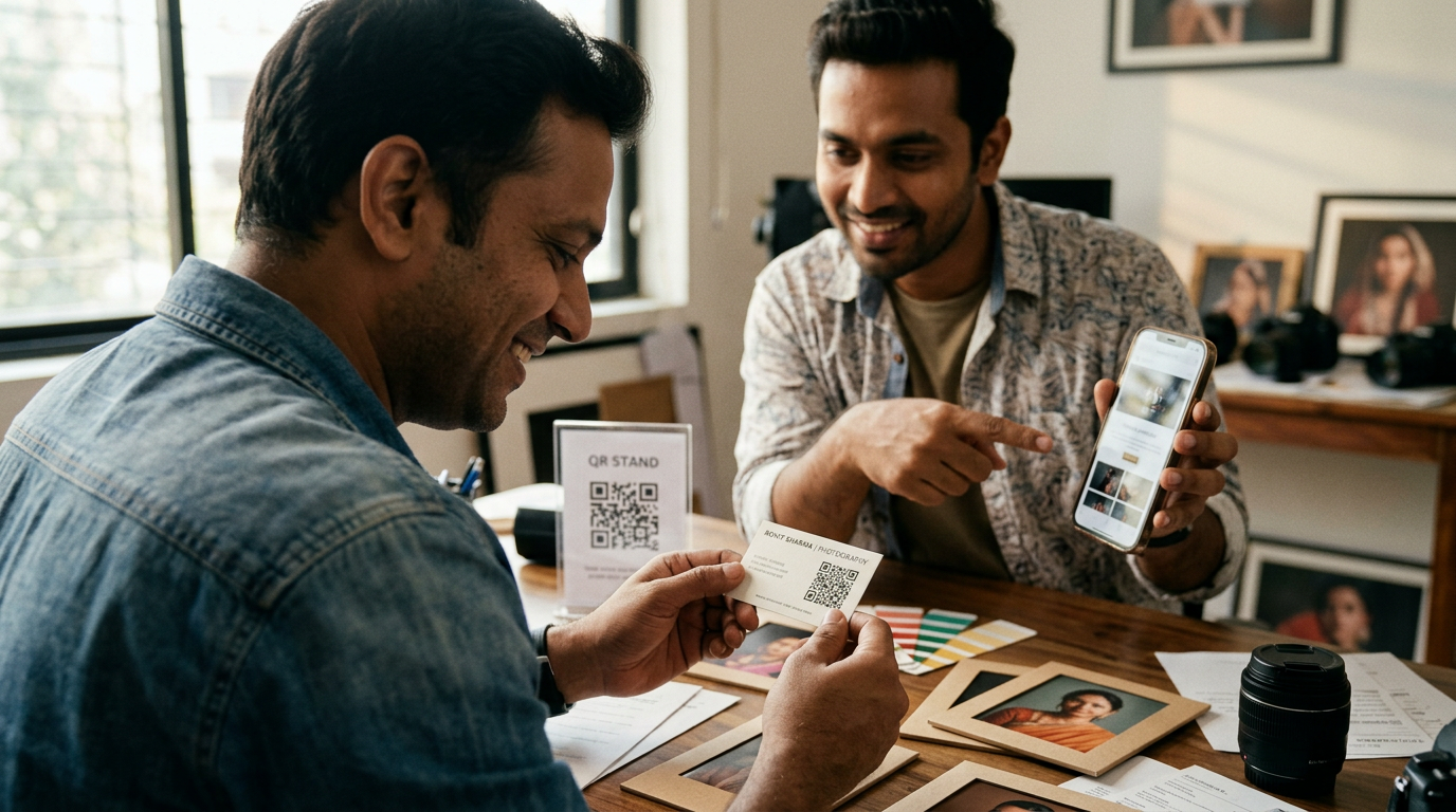 Bride's aunt smiling and showing phone with her personalized photos after AI face recognition — Foto Owl AI event photography India