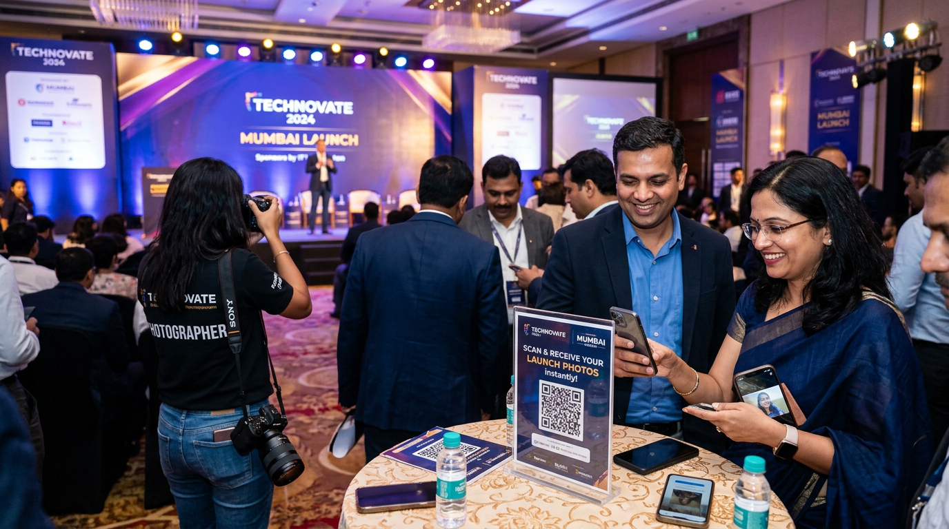 Photographer beside a QR standee speaking with guests who are booking him during the event — photography brand building India