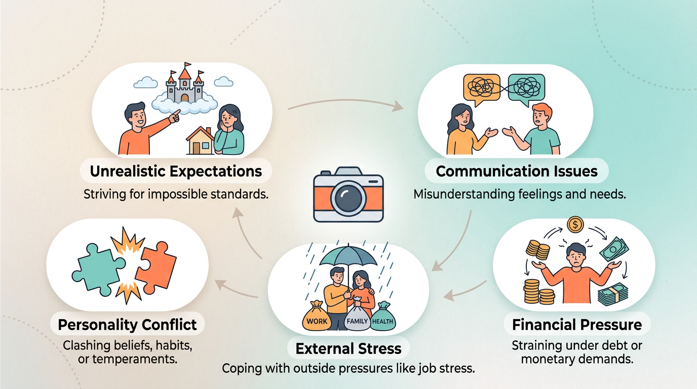 Infographic showing five root causes of difficult photography client situations: expectations, communication, money, personality, and stress