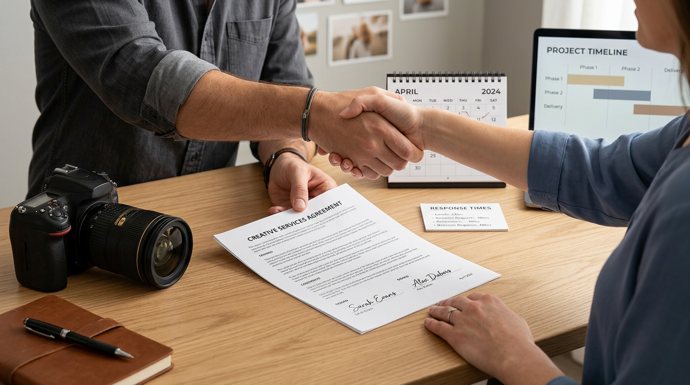 Photographer placing a signed photography contract on a desk while shaking a client's hand to formalise agreed boundaries and expectations