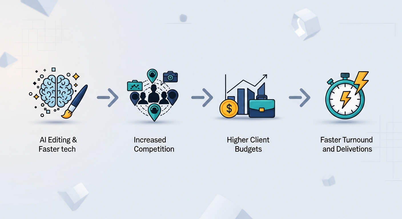 Infographic of four icons showing AI editing, competition, higher budgets, and faster turnaround driving photography prices.