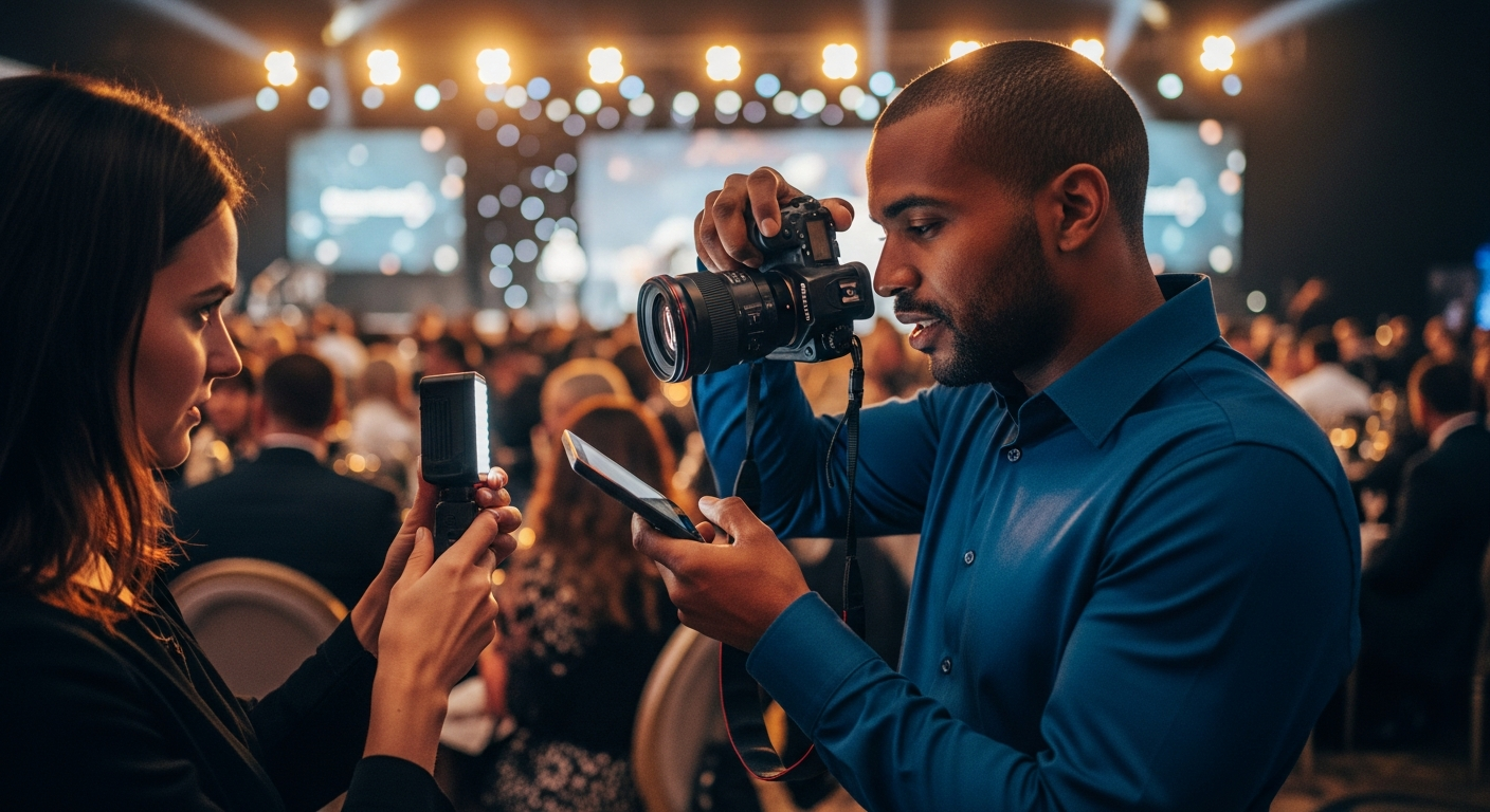 Professional event photographer reviewing shots at a corporate gala, modern camera, warm stage lighting.