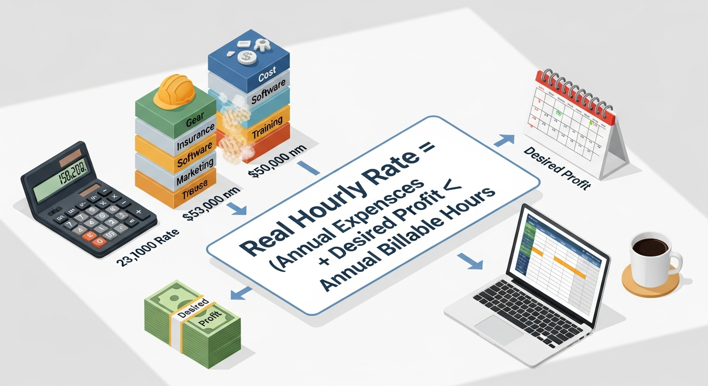 Isometric diagram showing expense blocks, billable hours calendar, and formula to calculate real hourly photography rate.