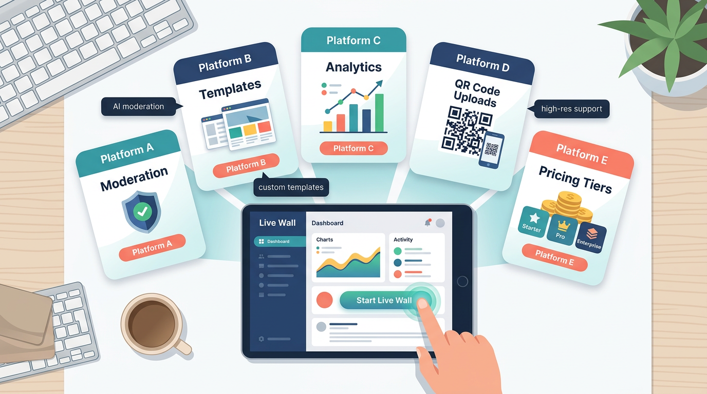 Live photo wall platform cards and dashboard highlighting moderation, templates, analytics, and QR support