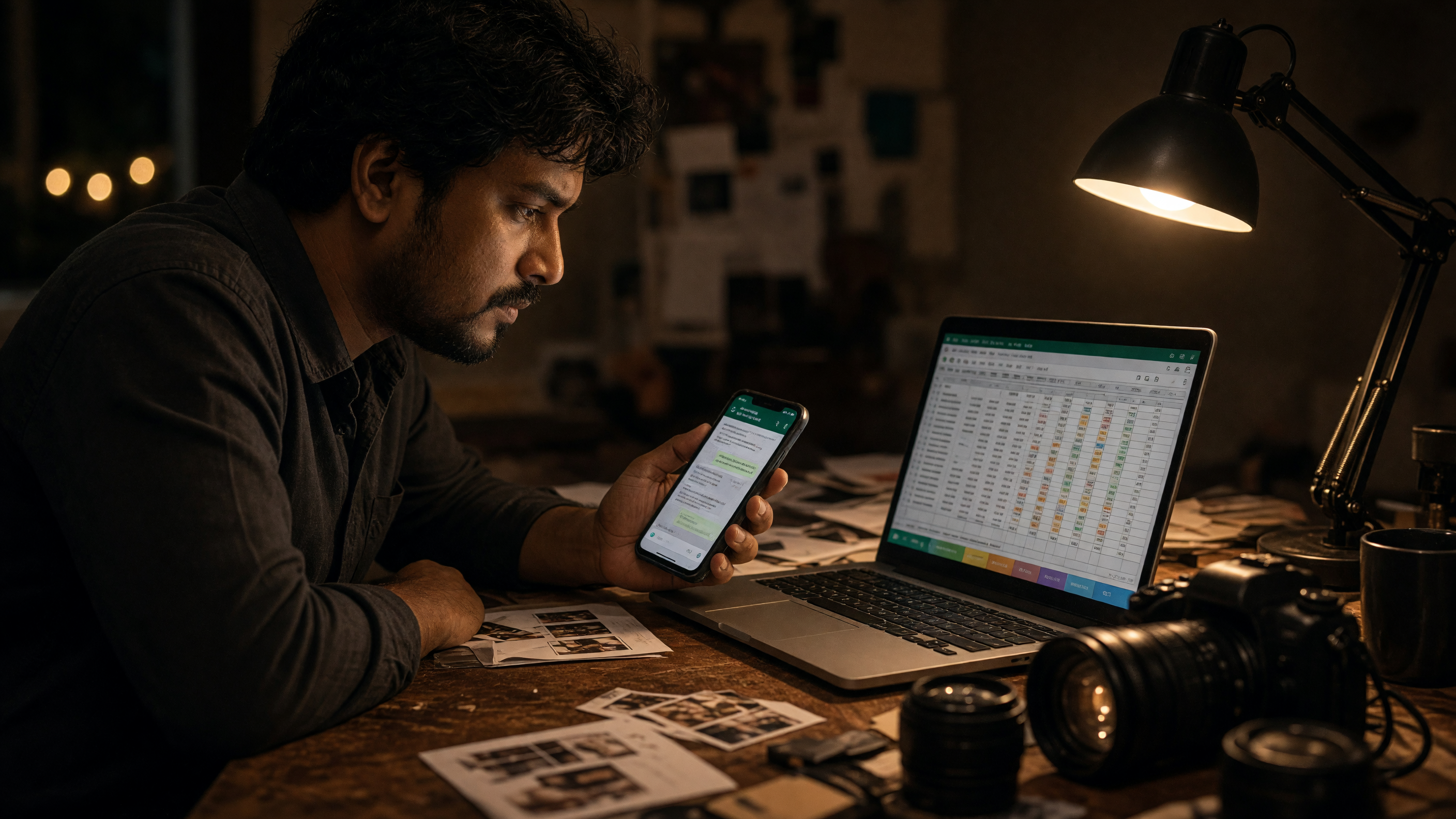 Indian wedding photographer at night juggling WhatsApp chats and a spreadsheet beside camera gear