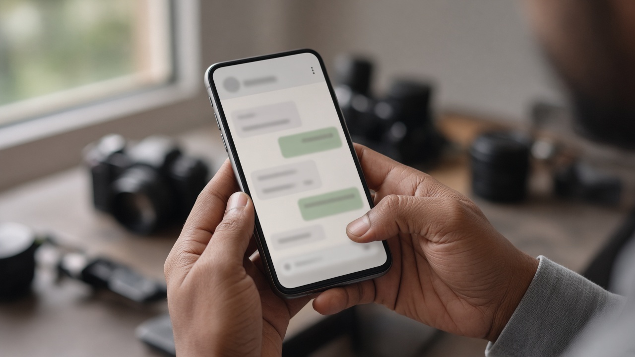 Photographer’s hands holding a phone with a chat thread open beside camera lenses on a studio desk