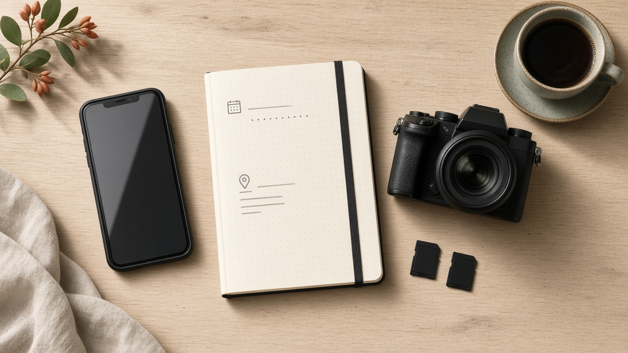 Organised photographer desk flat lay with phone, notebook, camera, and SD cards in soft daylight