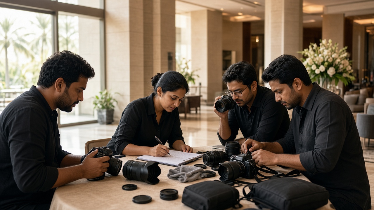 Indian wedding photography crew checking cameras and lenses together before a destination shoot