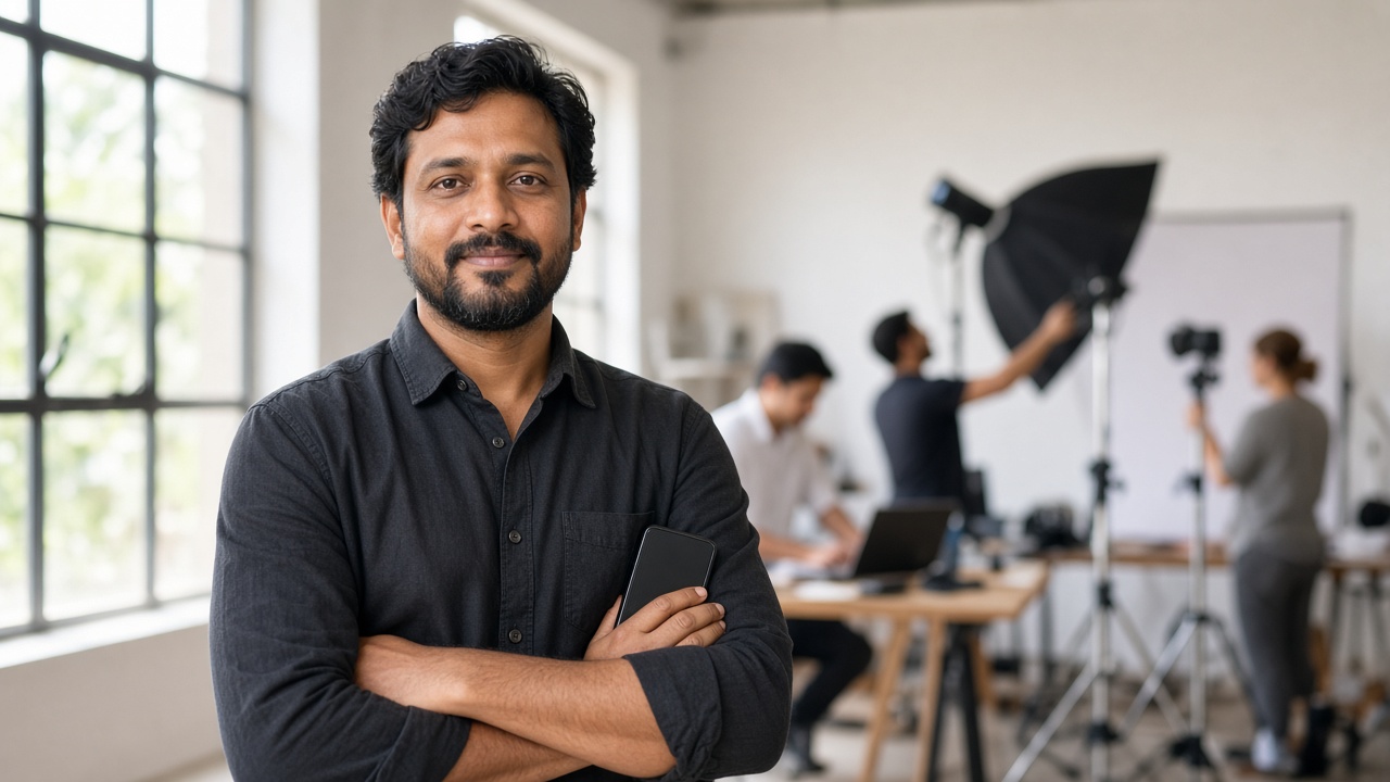 Confident Indian studio owner with phone in hand while a photography team works in the bright studio behind