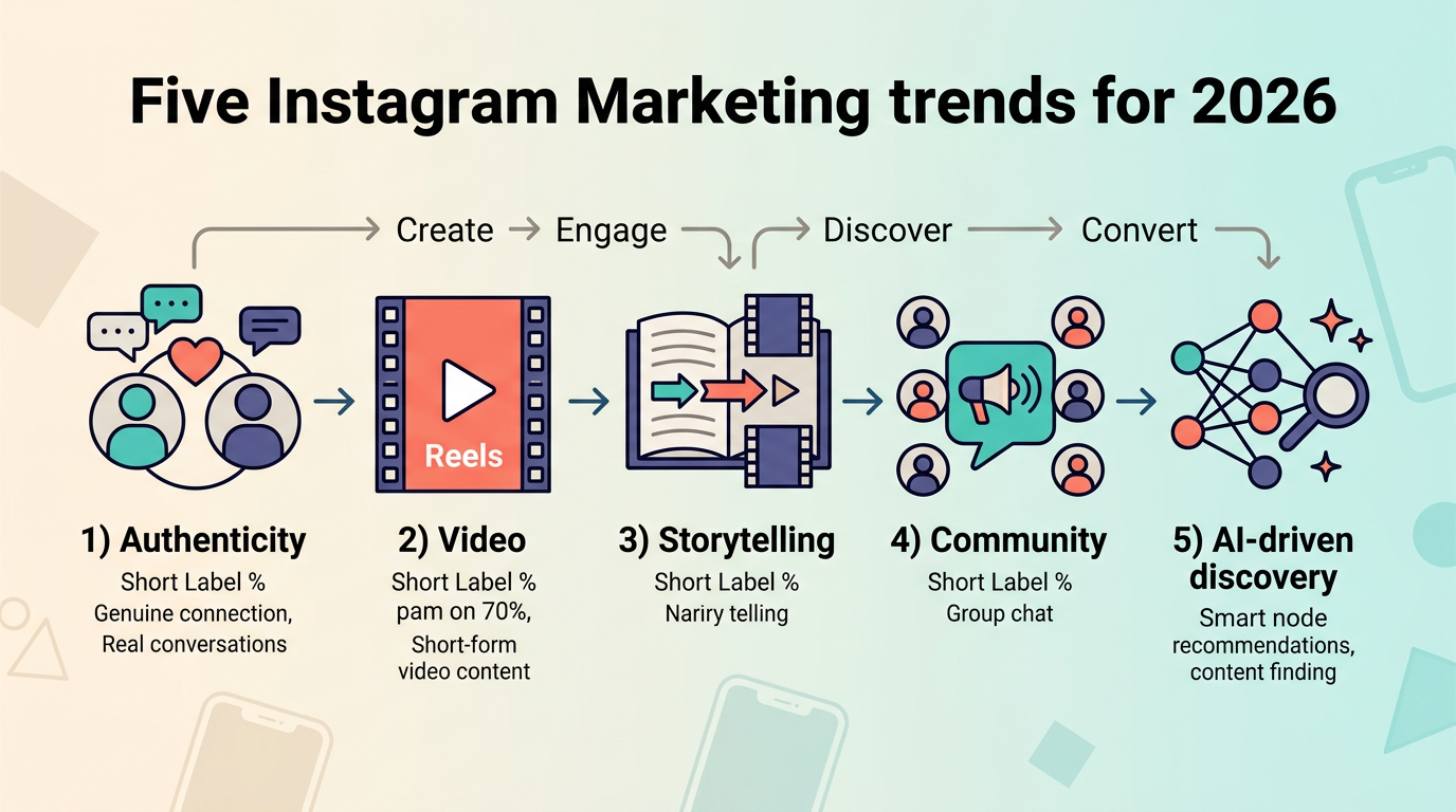 Infographic of 2026 Instagram marketing trends for photographers: authenticity, video, storytelling, community, and AI discovery