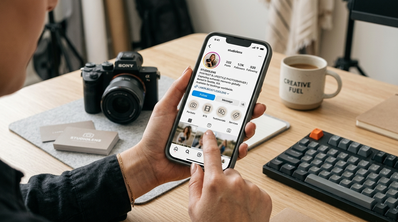 Optimized photographer Instagram profile with a clear bio and Story Highlights