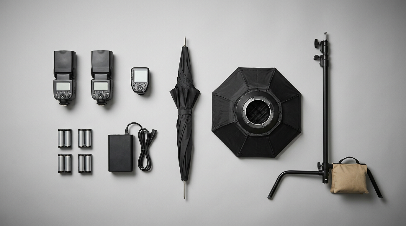 Flat-lay of essential off-camera flash gear for wedding photographers