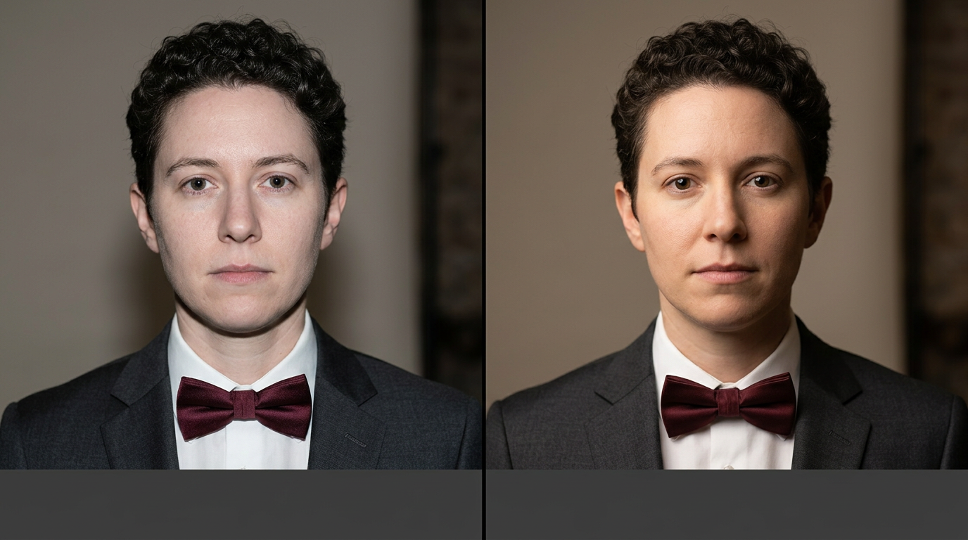 Split comparison of harsh on-camera flash versus soft off-camera flash wedding portrait