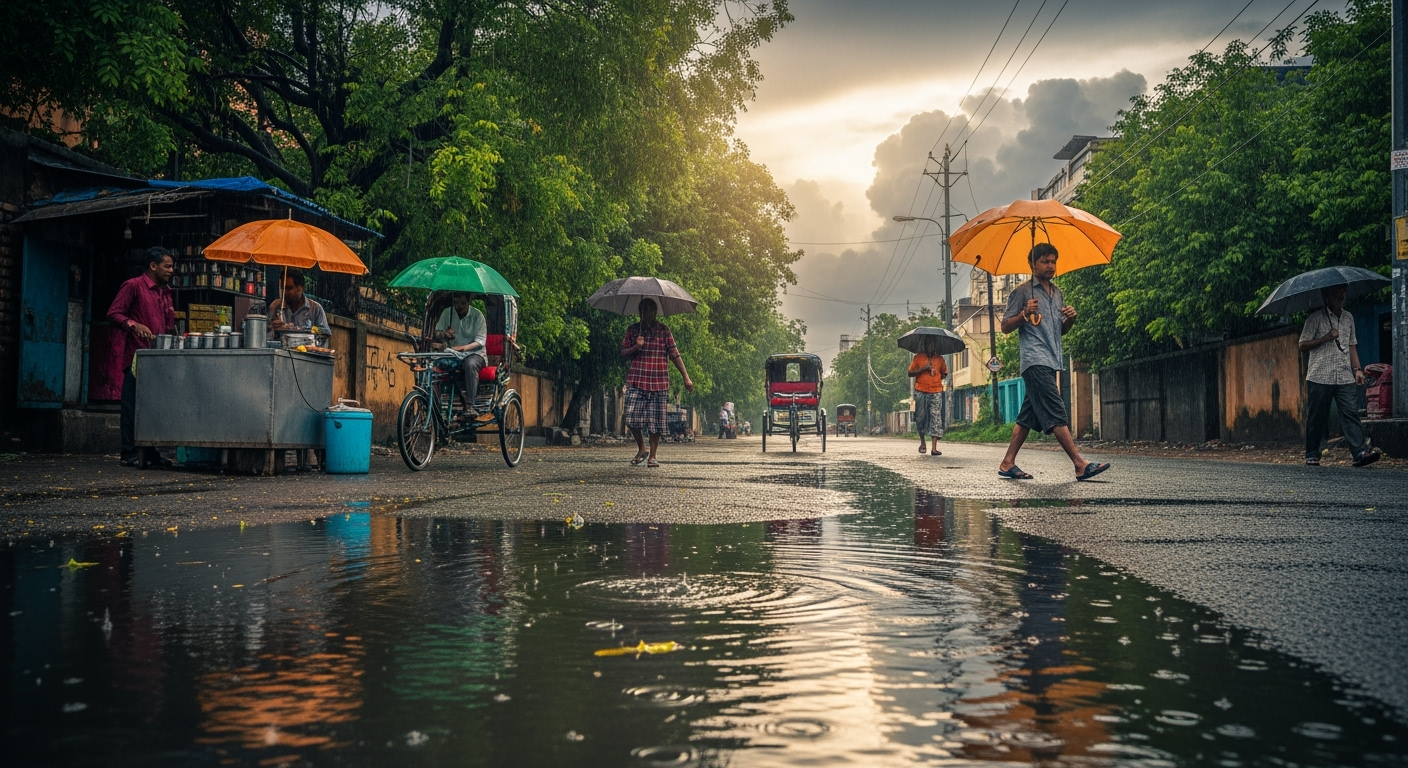 Cinematic Indian monsoon street with umbrellas, puddles, and dramatic clouds.