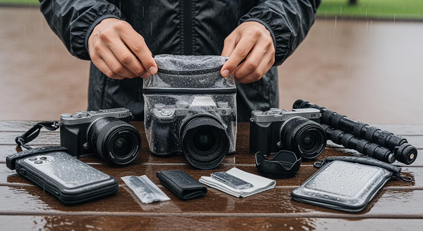 Weather-resistant camera gear arranged on a wet table with rain sleeve and tripod.
