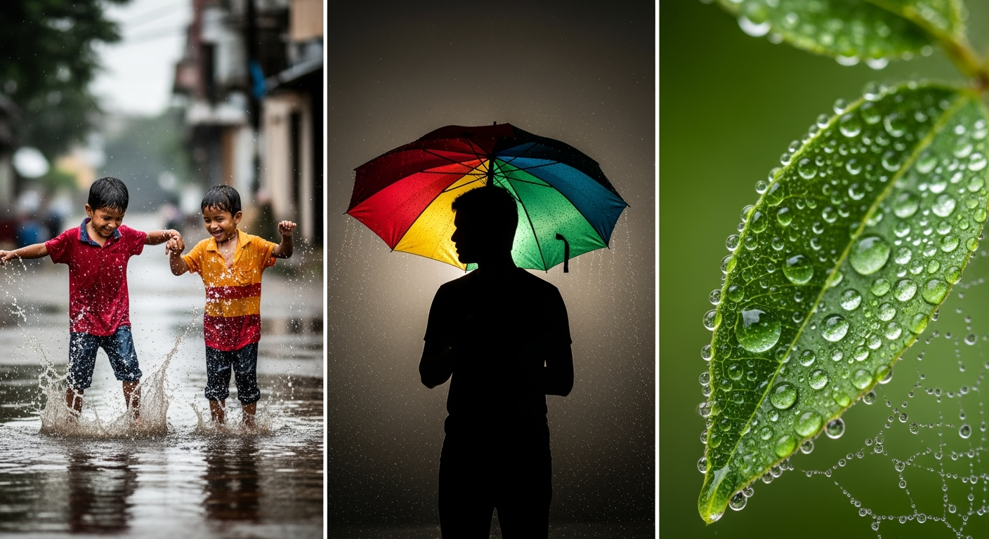 Collage: children splashing, backlit rain portrait, and macro water droplets on a leaf.