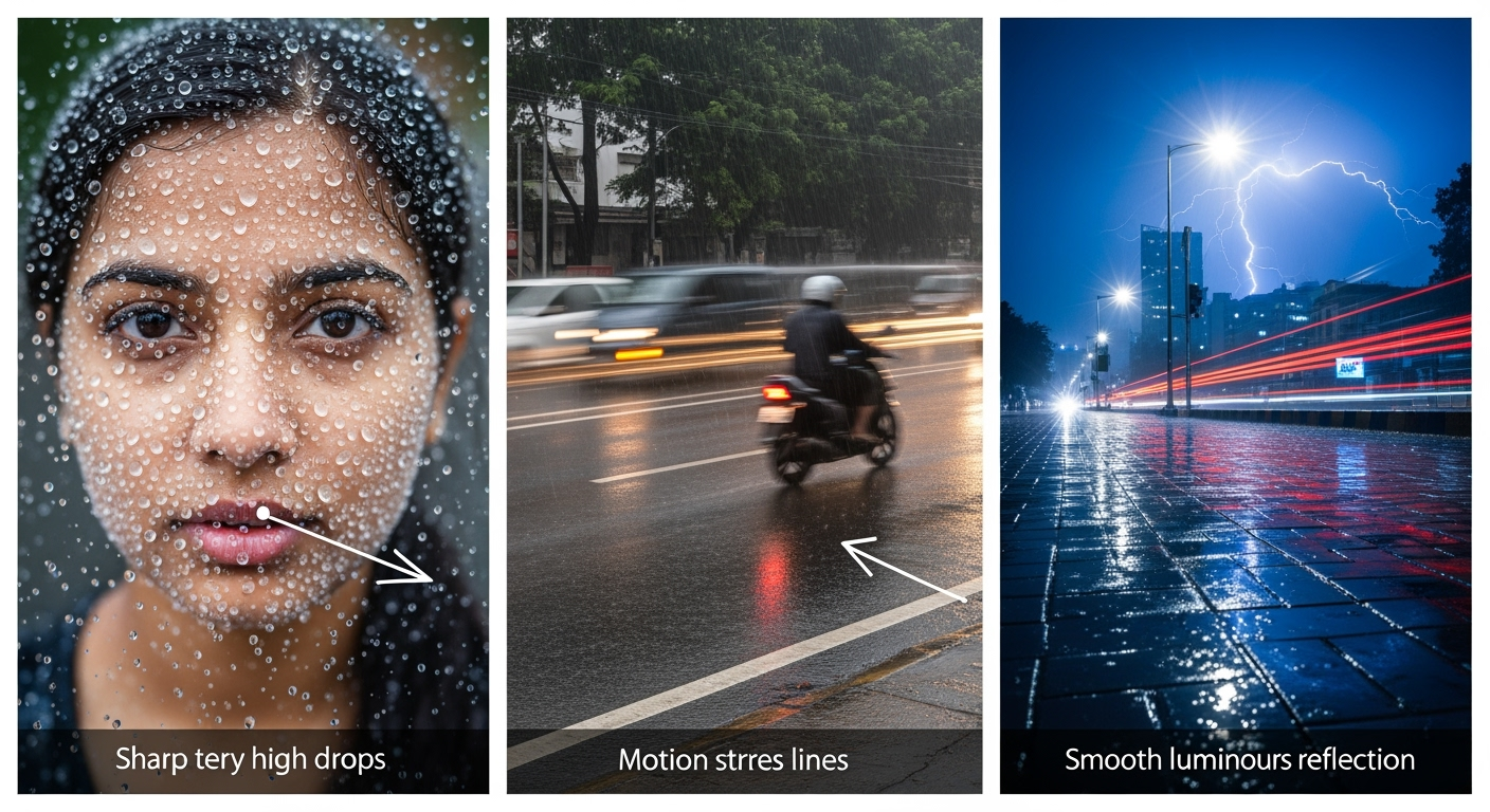 Triptych showing frozen raindrops, streaky rain motion, and long-exposure lightning reflections.