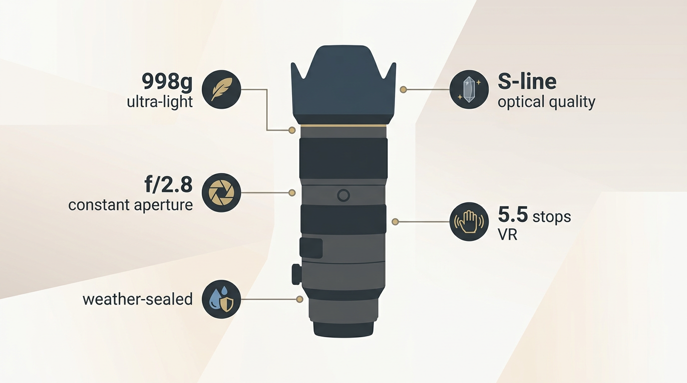 Infographic showing key features of the lightweight Nikon 70-200mm f/2.8 VR S II lens with icons and specs
