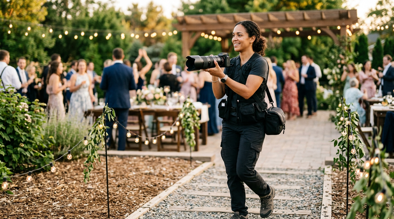 Wedding photographer comfortably carrying a lightweight Nikon 70-200mm f/2.8 telephoto lens