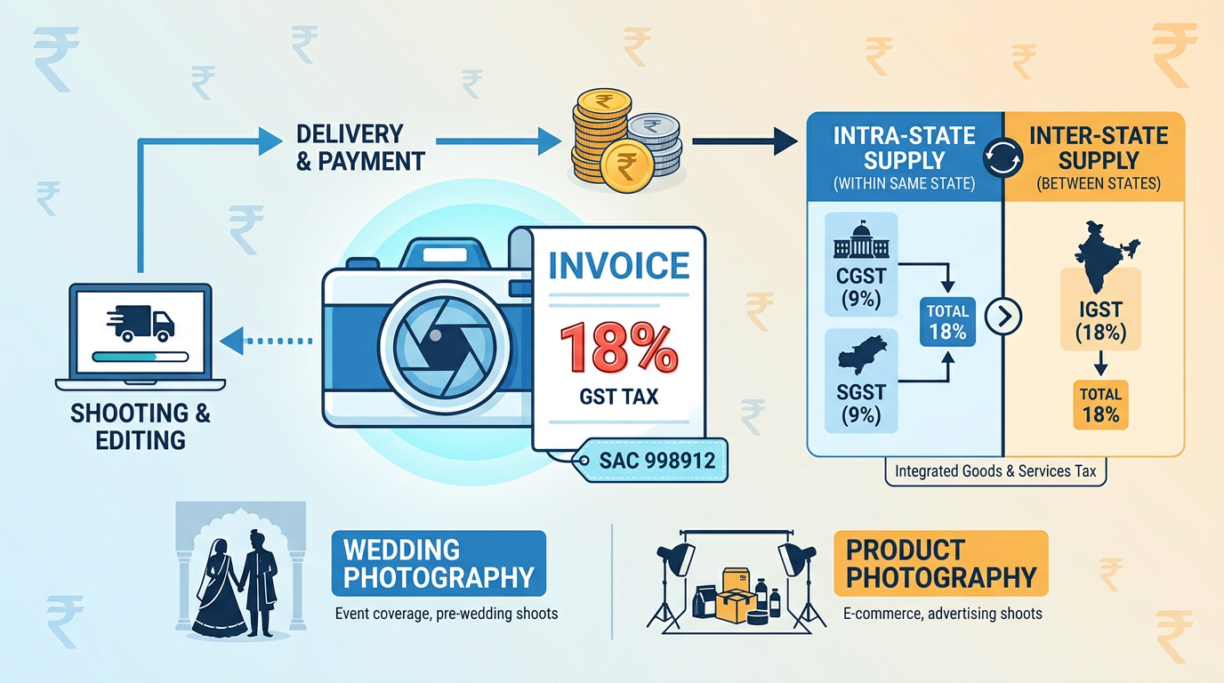 Infographic showing 18% GST on photography services with SAC 998912 and service icons.