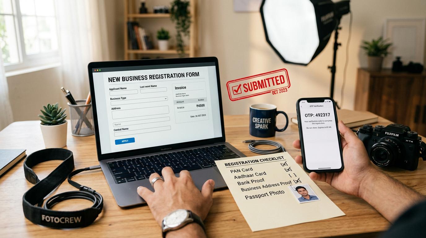 Desk scene showing GST registration checklist, laptop form, phone OTP, and photographer gear on a home office table.