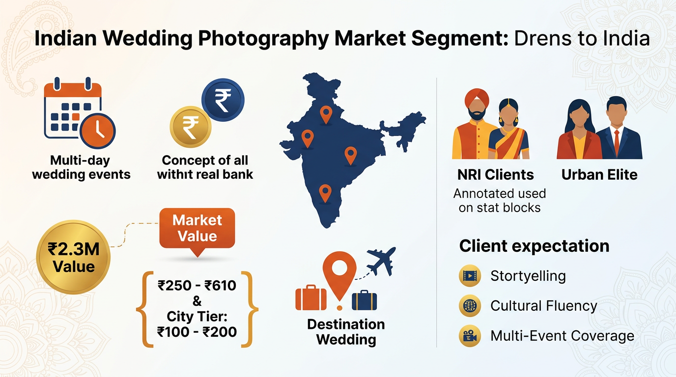 Infographic showing Indian wedding photography market size, premium client segments, and destination wedding indicators.