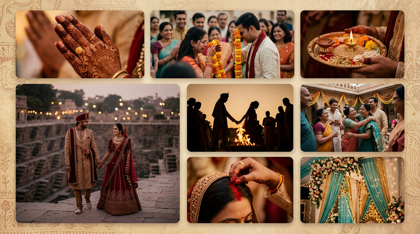 Cinematic collage of emotional Indian wedding moments showing rituals, couple portraits, family candids, and detail shots.