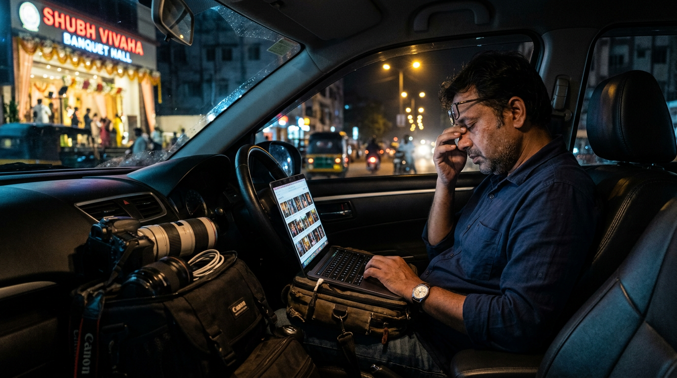 Indian photographer at a corporate event reviewing photos on a laptop while guests celebrate in the background