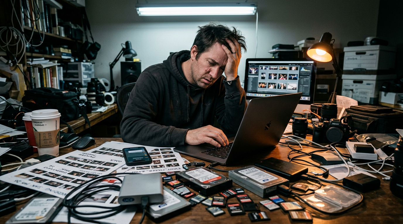 Photographer at cluttered desk surrounded by hard drives and SD cards, stressed while sorting thousands of photos
