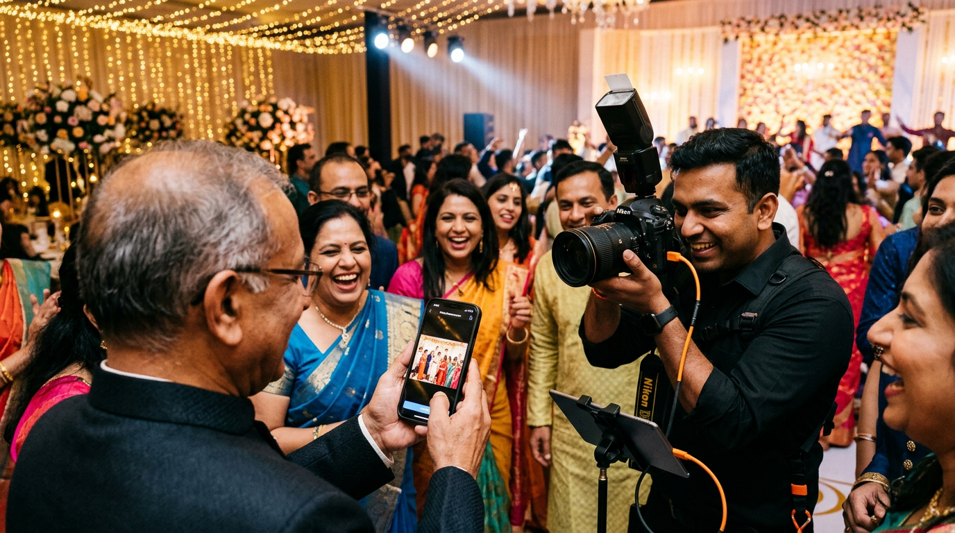 Wedding guests scanning QR code and viewing personalized event photos on their phones in real time