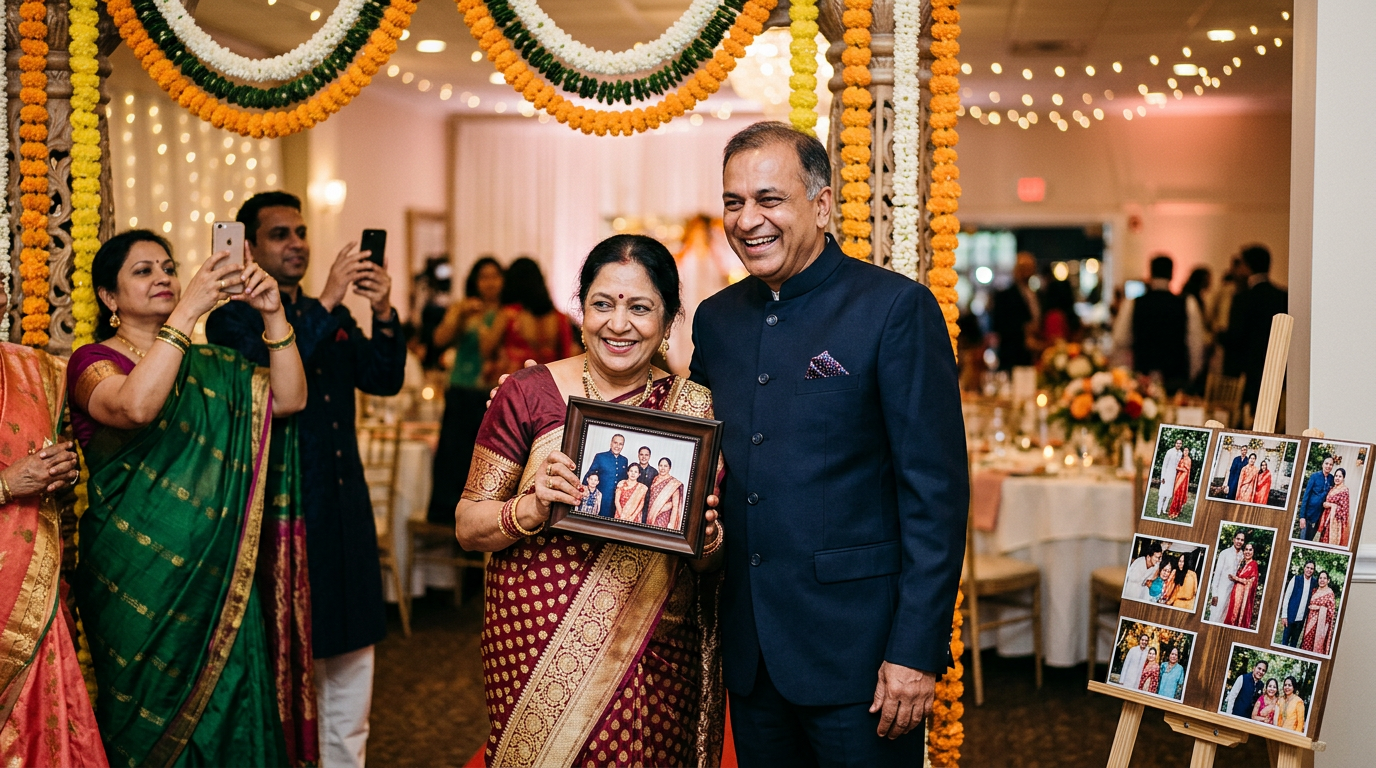 Photographer smiling as wedding guests view and purchase photos from their personalized Foto Owl AI gallery on their phones