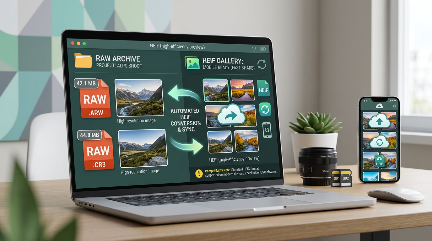 Conceptual workspace diagram showing RAW archive synced to HEIF preview gallery for fast event photo client delivery in 2026