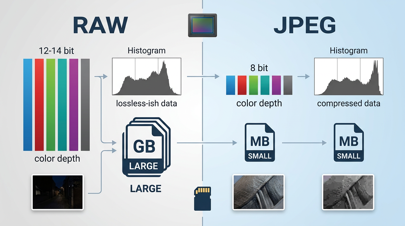 Infographic comparing RAW file bit depth and larger file size with JPEG compressed smaller files for event photography