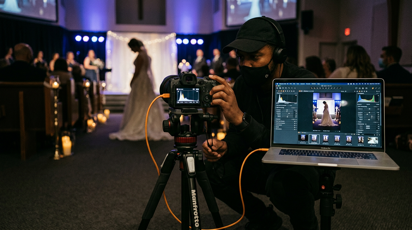 Event photographer adjusting camera settings at a mixed-lit ceremony, with laptop showing RAW histogram and recovered shadow detail