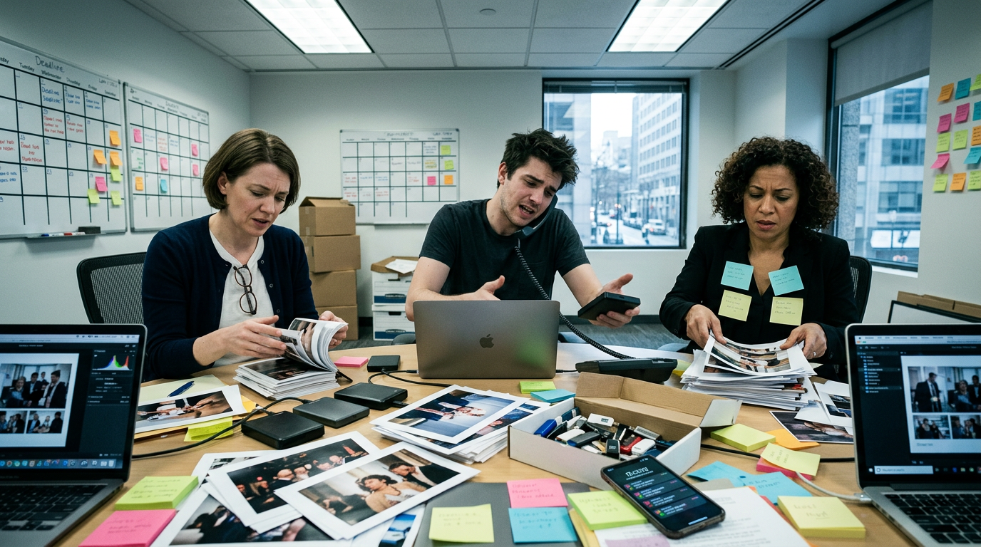 Corporate communications team searching through printed photos and hard drives, frustrated and rushing to find an image requested urgently