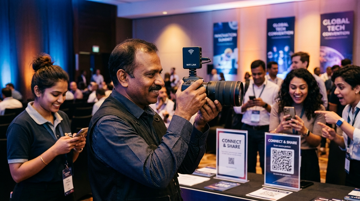 Event photographer on stage with a wireless transmitter as an assistant checks a phone and attendees react to instantly delivered photos