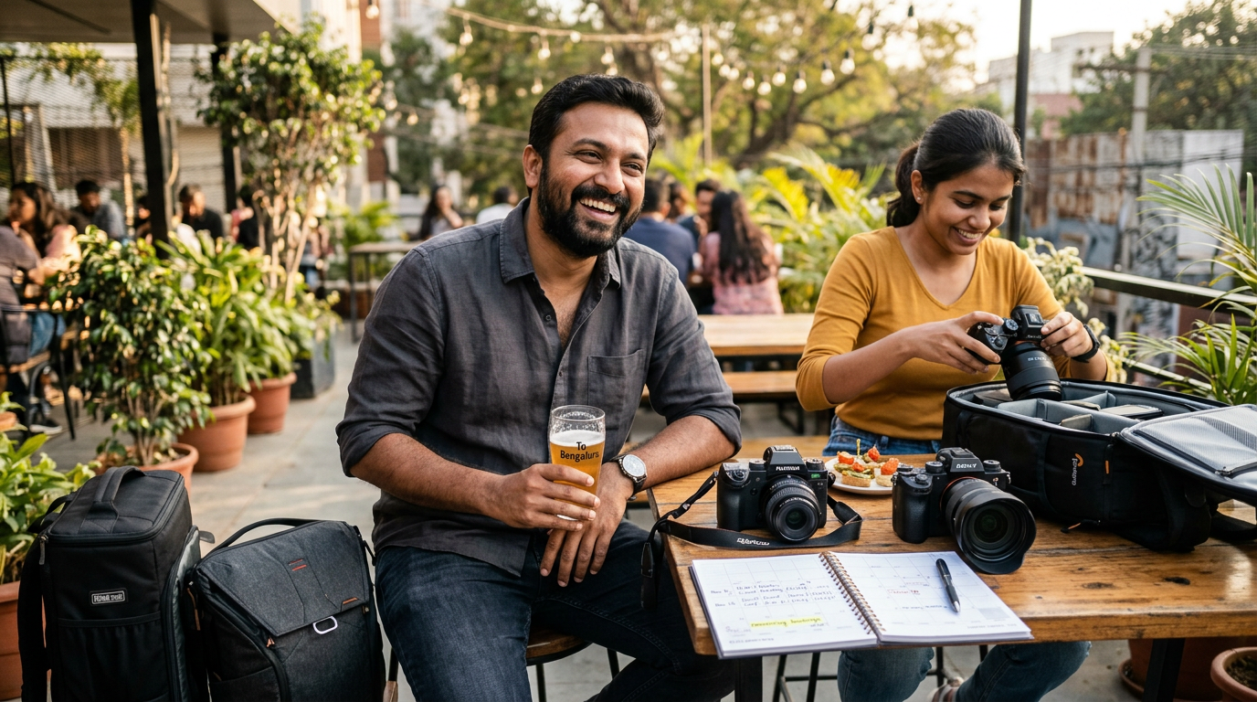 Event photographer smiling at a cafe with an assistant arranging upgraded mirrorless cameras and a calendar full of retainer bookings