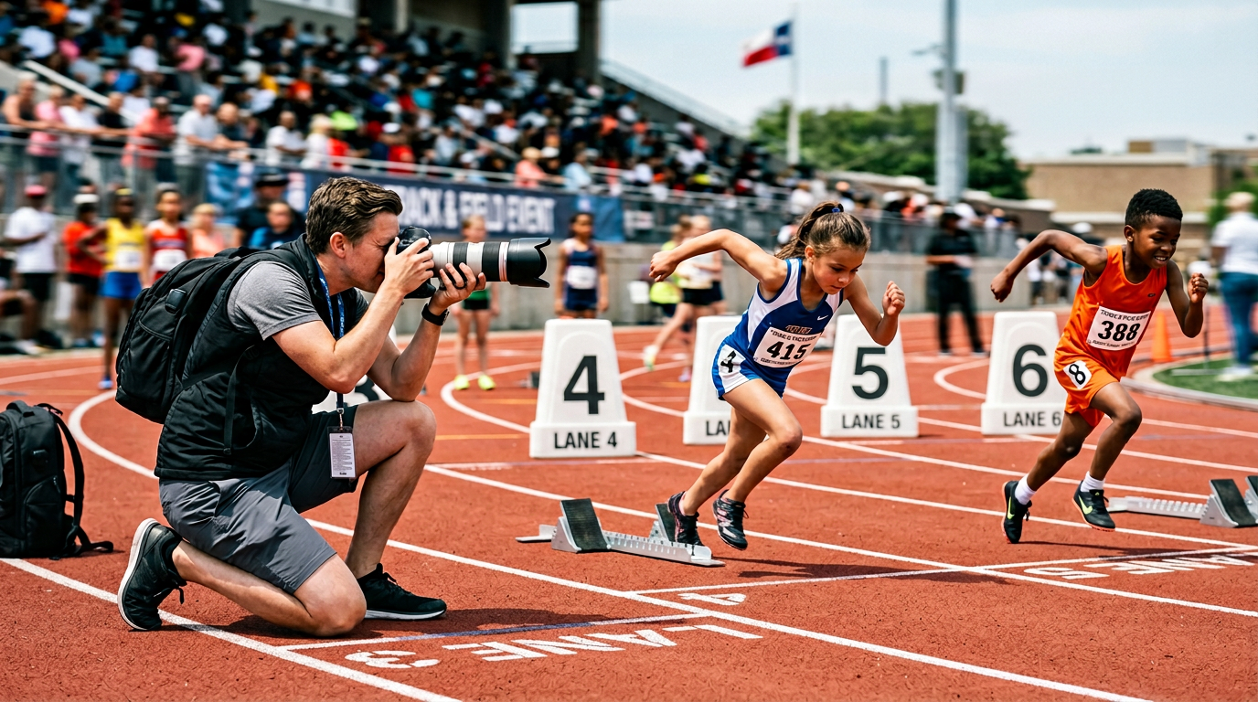 Photographer kneeling at trackside capturing school athletes at the start line, showing anticipation and action.