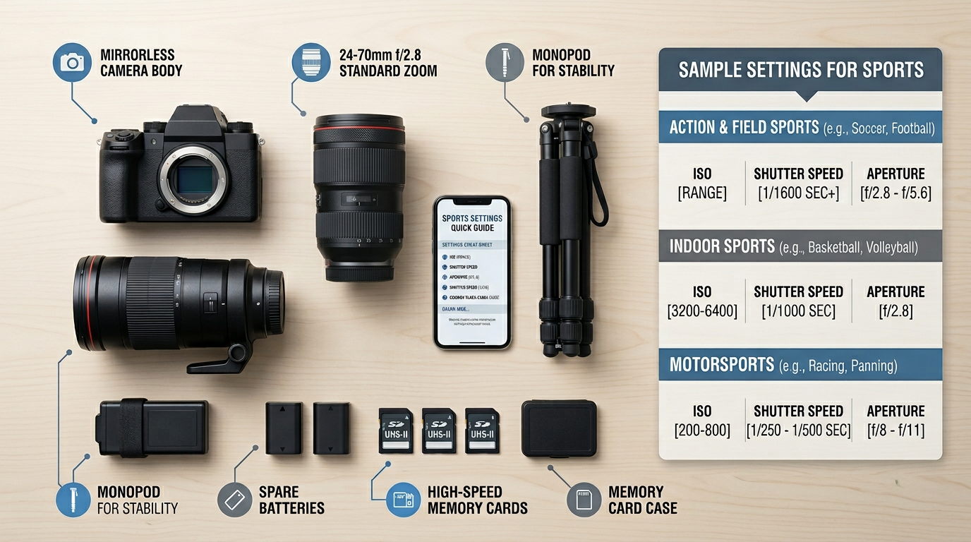Flatlay of recommended school sports day photography gear including camera, lenses, and memory cards with settings reference.