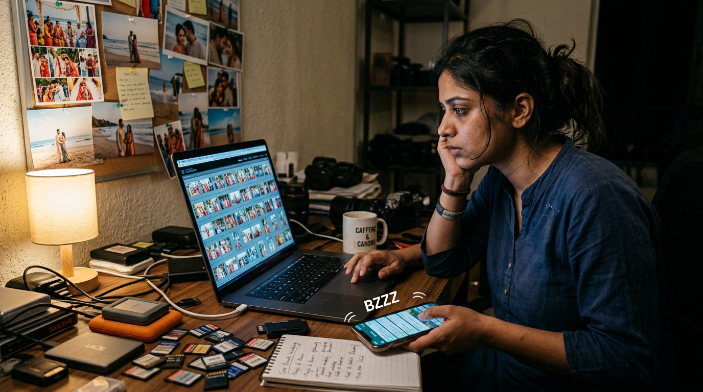 Tired photographer at desk surrounded by SD cards and hard drives, laptop showing unsorted wedding photos