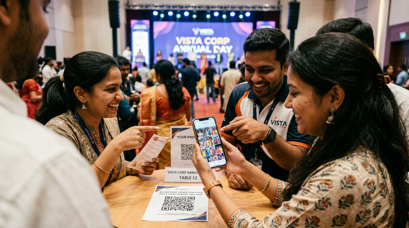 Attendees scanning QR code and viewing matched event photo thumbnails on a smartphone at a corporate event