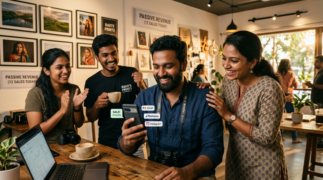 Photographer smiling at phone showing sale notifications from Foto Owl AI photo selling gallery