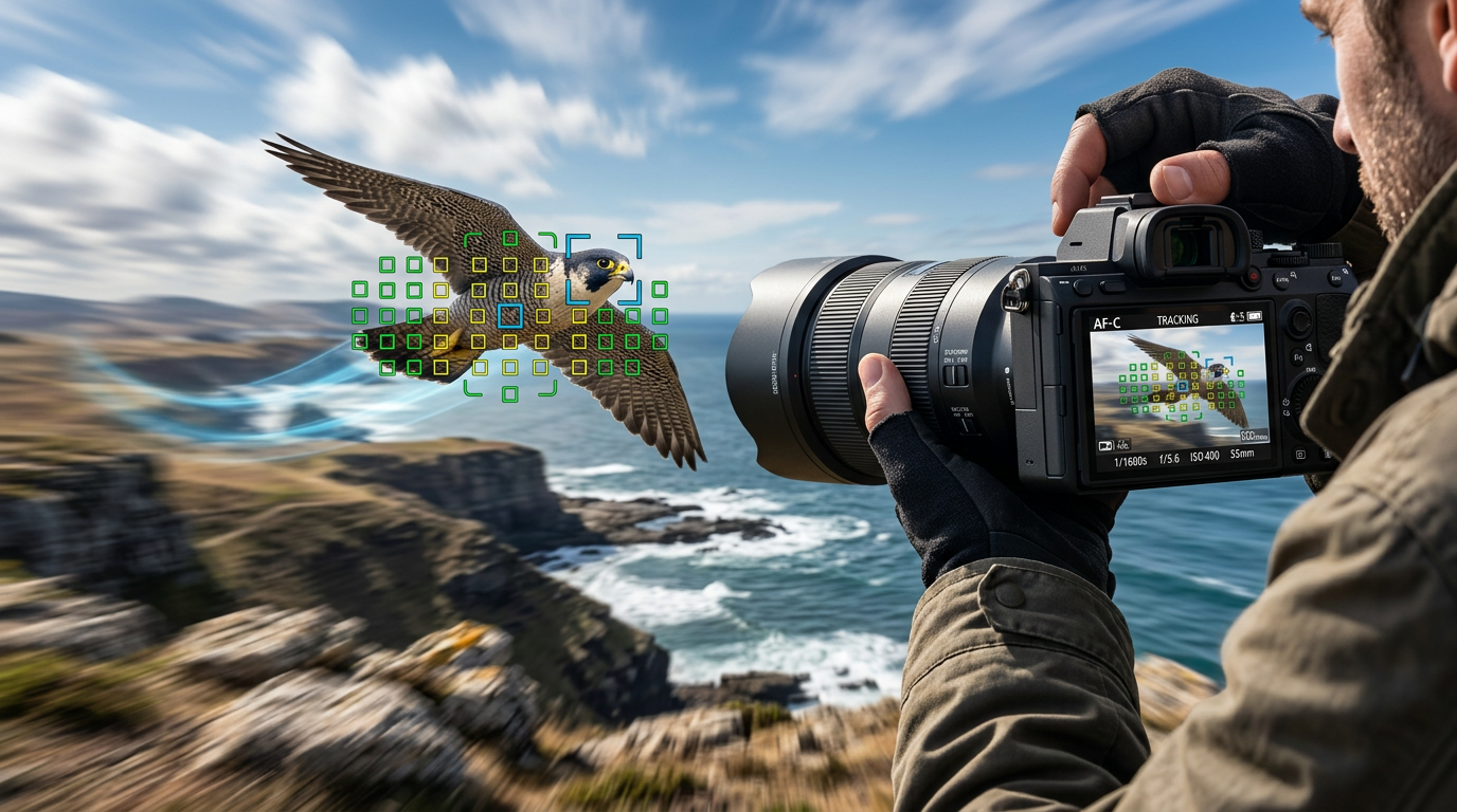 Sony FE 100-400mm F4.5 GM OSS tracking a fast-moving bird with focus-point overlays showing continuous autofocus performance.