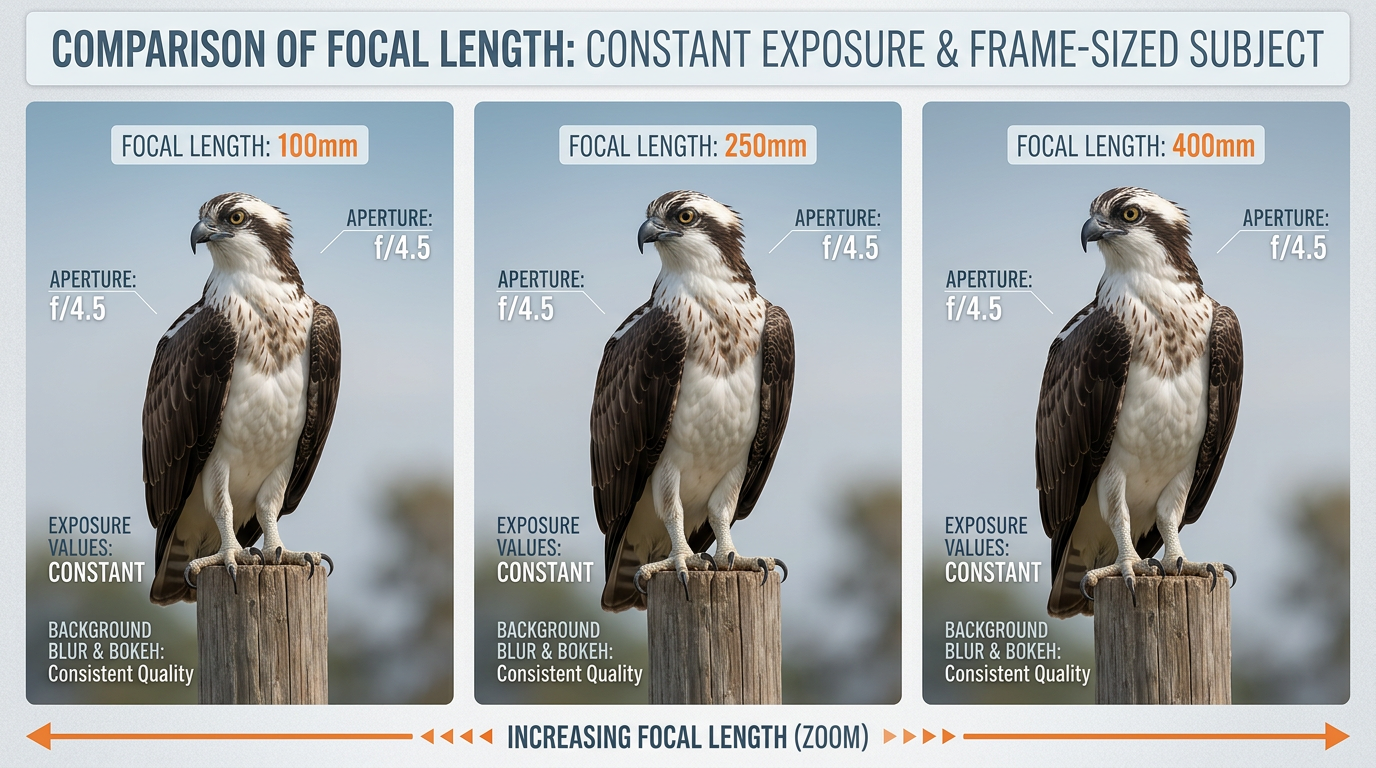 Three-panel infographic showing consistent f/4.5 exposure and bokeh at 100mm, 250mm and 400mm across the zoom range of the Sony 100-400mm GM OSS.