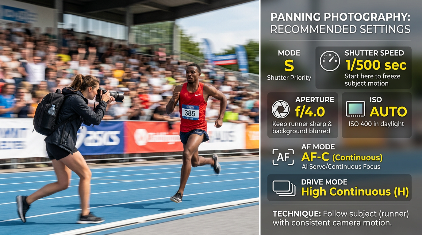 Split image showing photographer panning to follow action alongside a camera LCD overlay with recommended shutter, aperture, and ISO settings